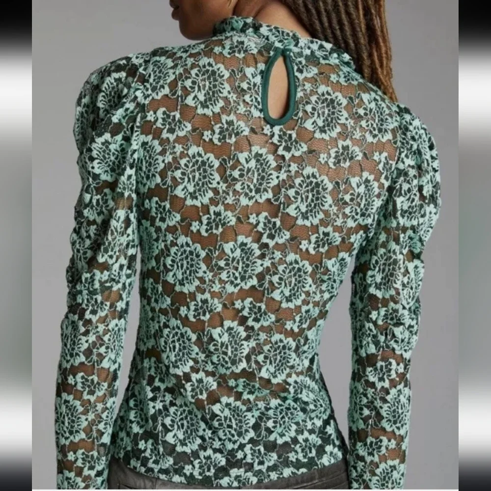 NWOT S Anthropologie Dolan Left Coast Sheer Mock Neck Lace Top Multi Green - Picture 4 of 7
